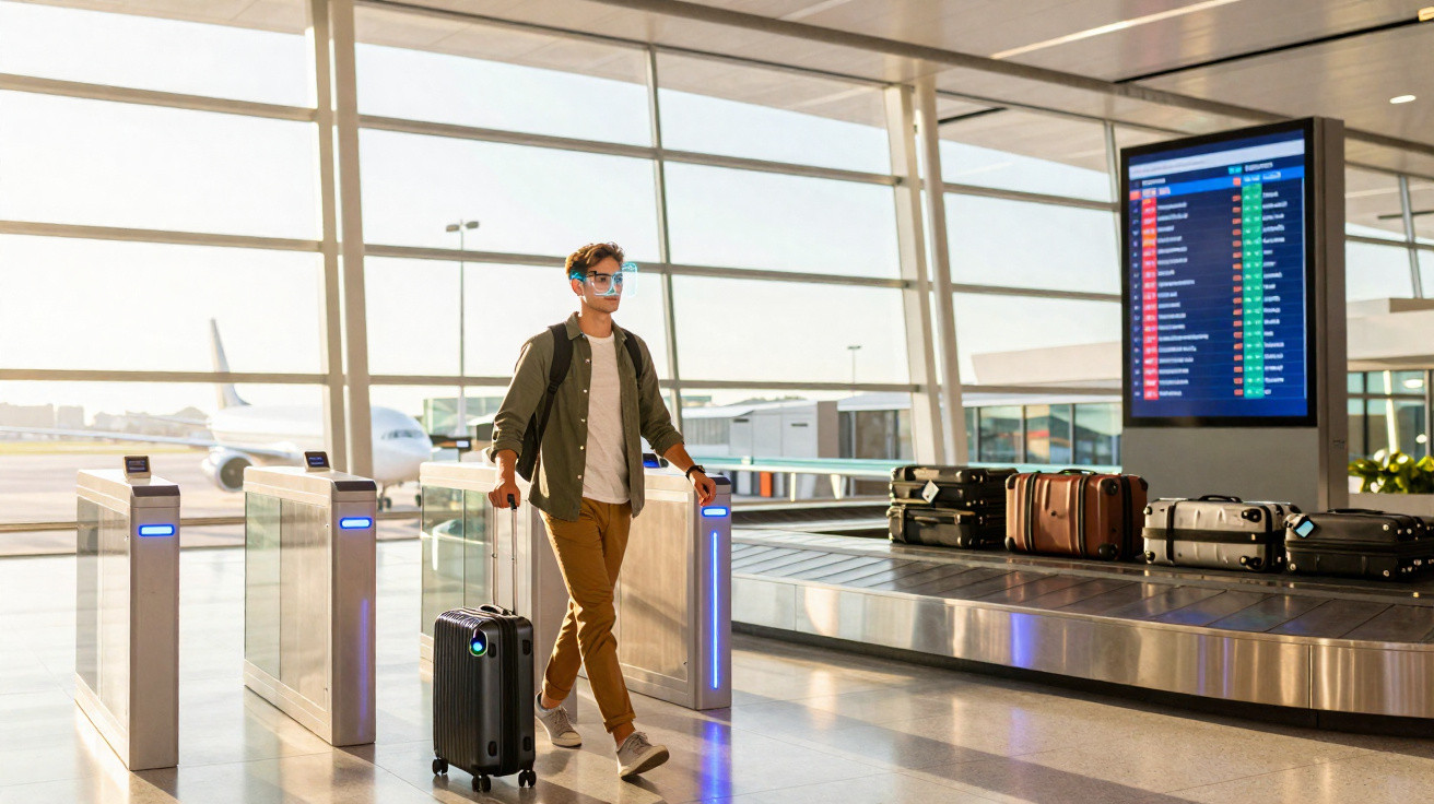 Jovem com máscara facial caminhando com mala de rodinhas em portão de embarque de aeroporto moderno.