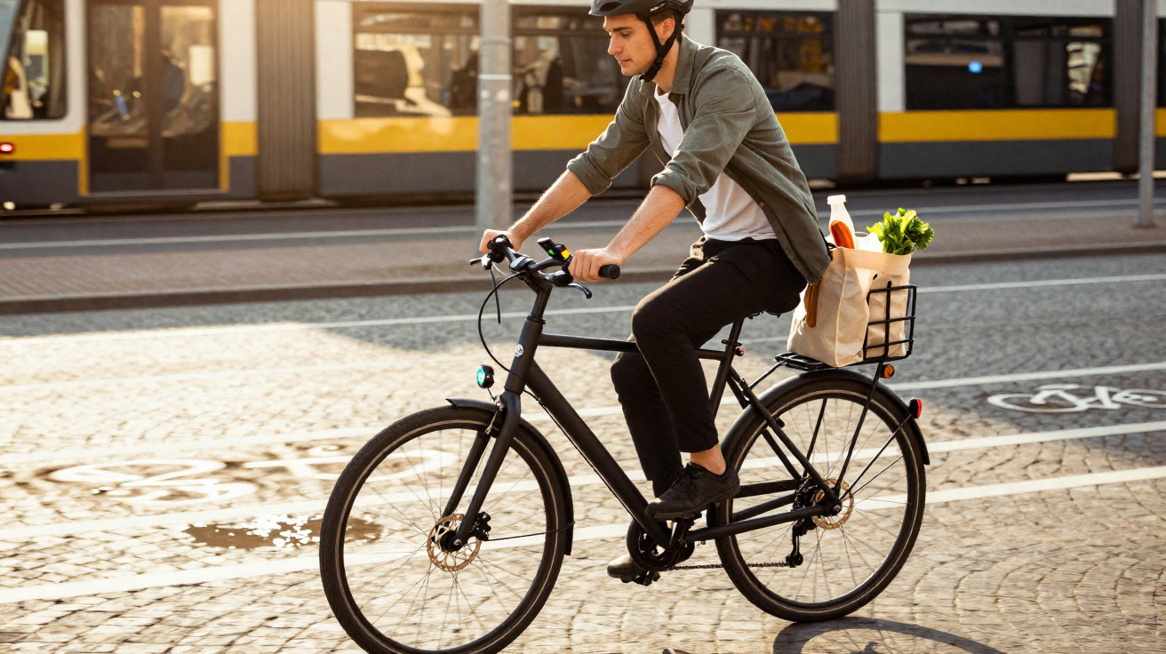 Homem com capacete pedala bicicleta preta urbana com sacola de compras e verduras em cesta na rua da cidade.