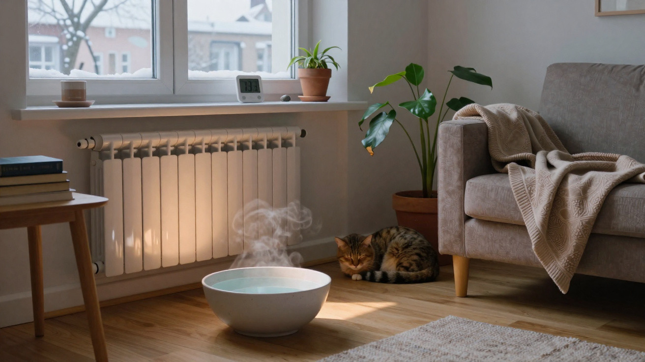 Sala aconchegante com aquecedor, gato dormindo, planta, sofá e vasilha com água quente soltando vapor.