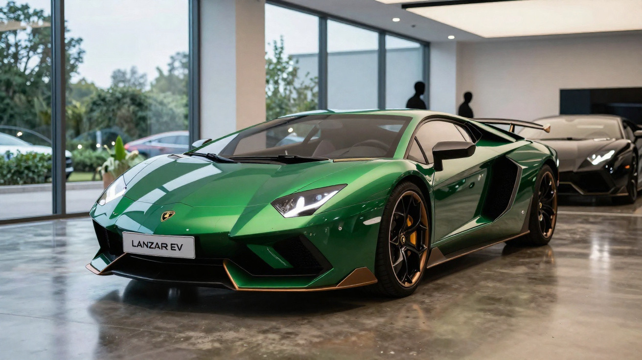 Carro esportivo elétrico verde Lamborghini Lanzar EV em exposição em showroom moderno com piso cinza.