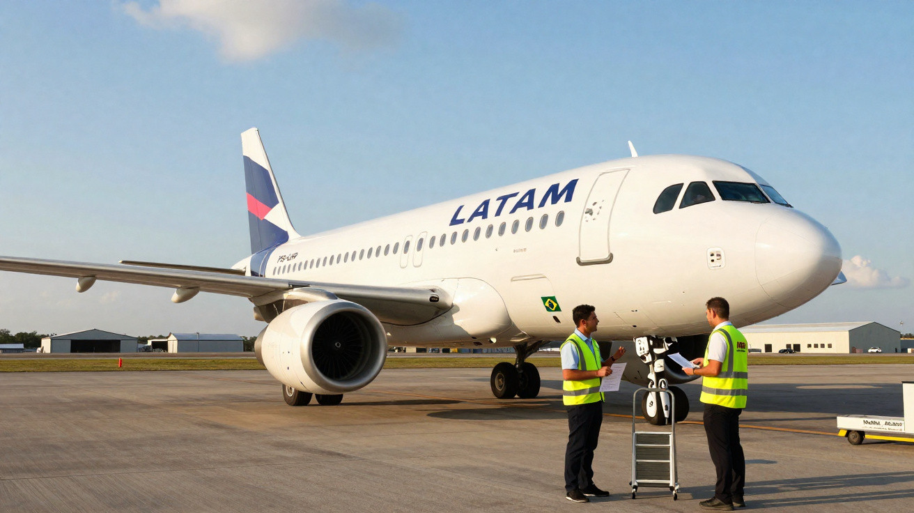 Avião da LATAM parado no aeroporto com dois funcionários em coletes refletivos conversando.