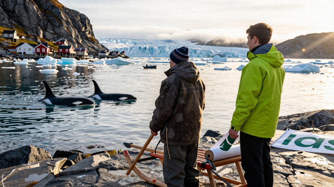 Duas pessoas observam orcas nadando em águas geladas próximo a casas coloridas e icebergs.