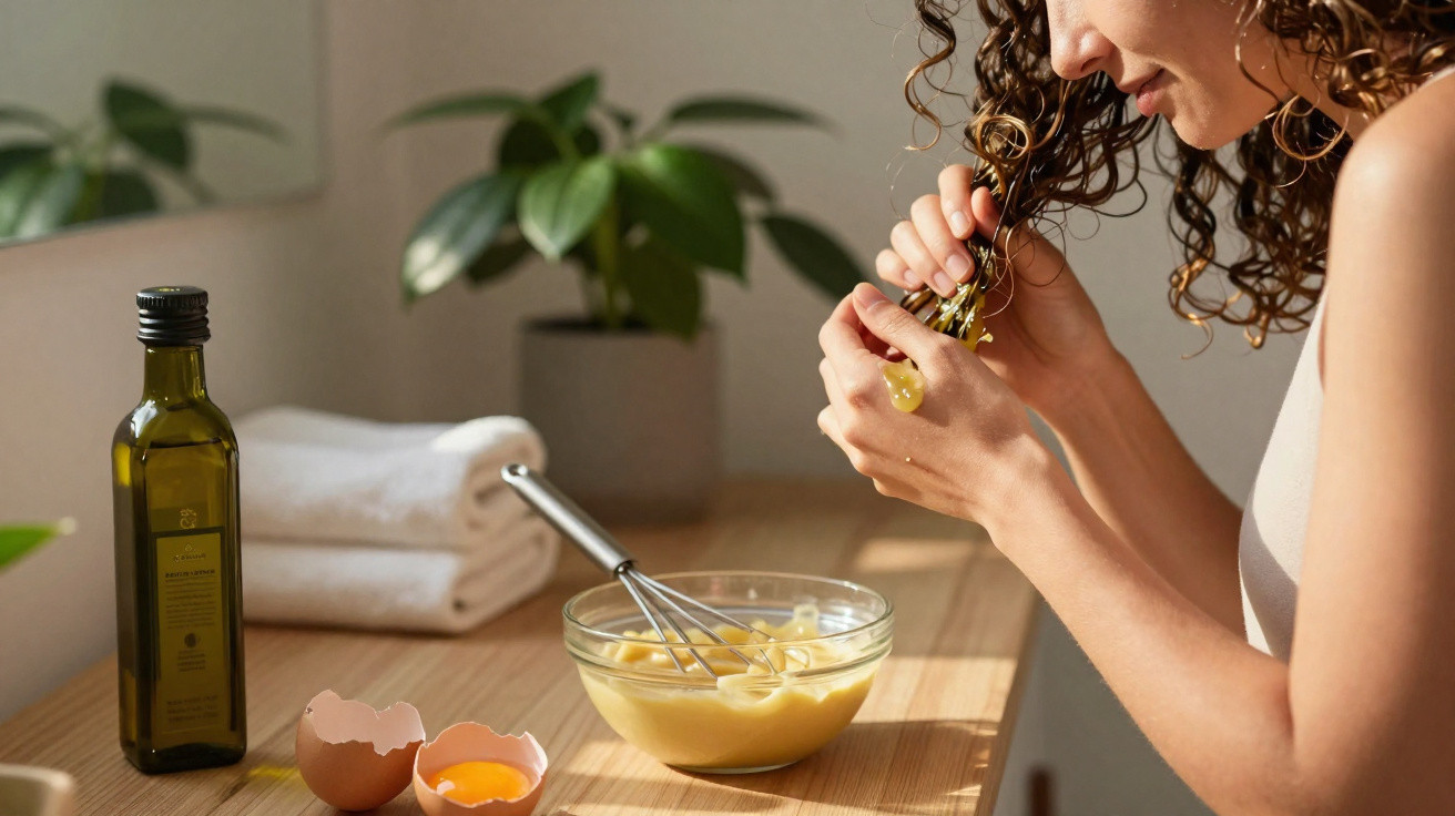 Mulher aplicando óleo no cabelo com ingredientes de tratamento natural sobre mesa de madeira.