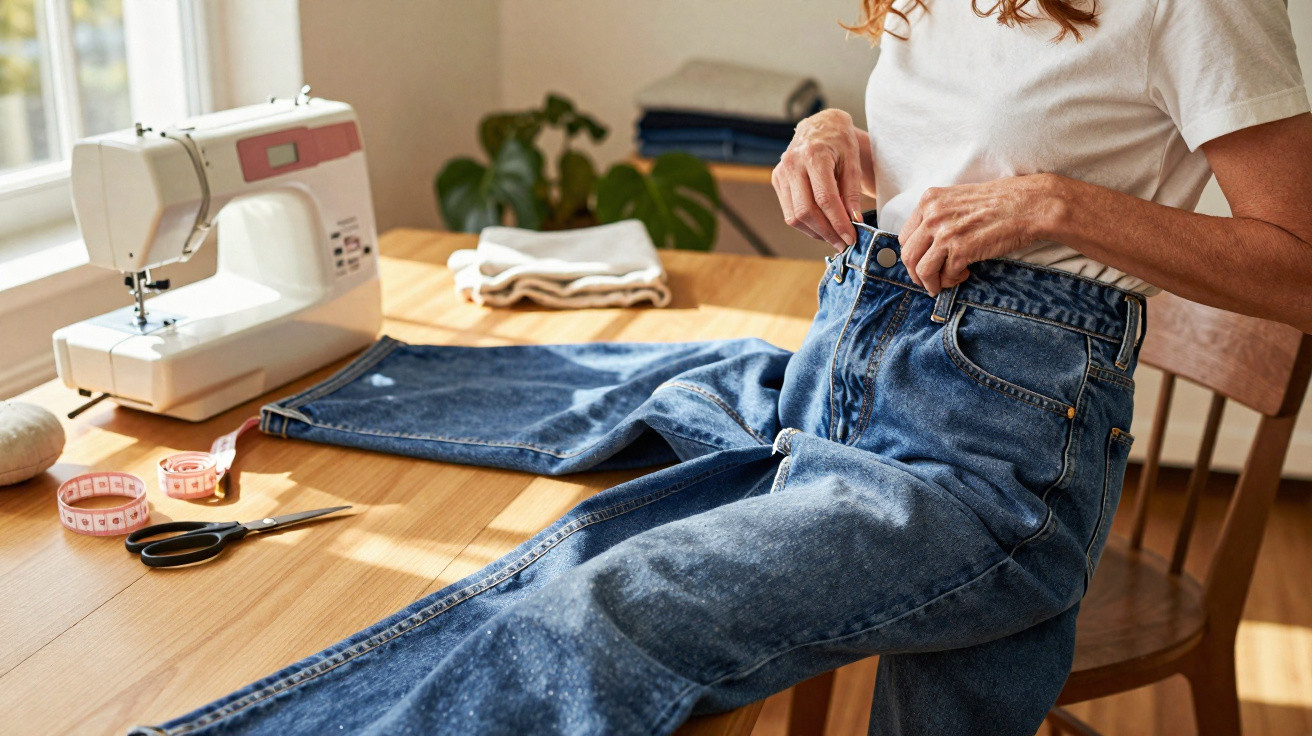 Pessoa ajustando calça jeans sobre mesa com máquina de costura, fita métrica e tesoura, em ambiente iluminado.