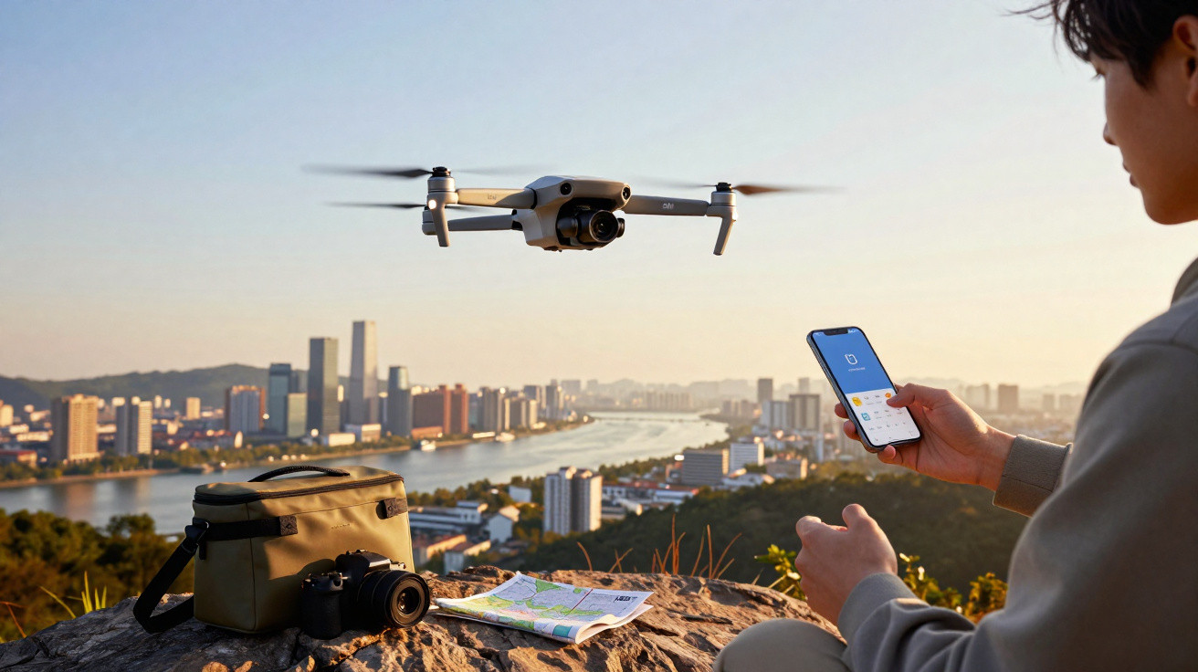Homem controla drone com celular em ponto turístico com vista para cidade e rio ao pôr do sol.