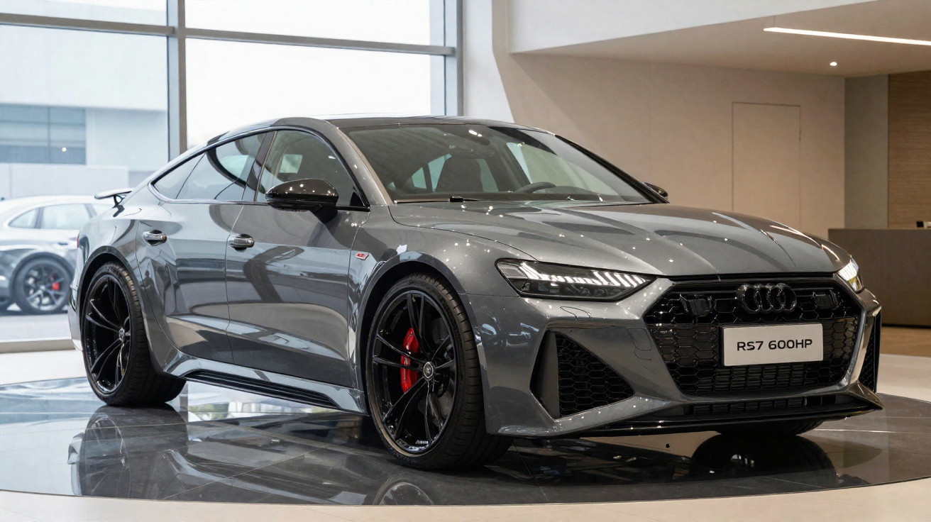 Carro esportivo Audi RS7 cinza estacionado em showroom com rodas pretas e freios vermelhos.