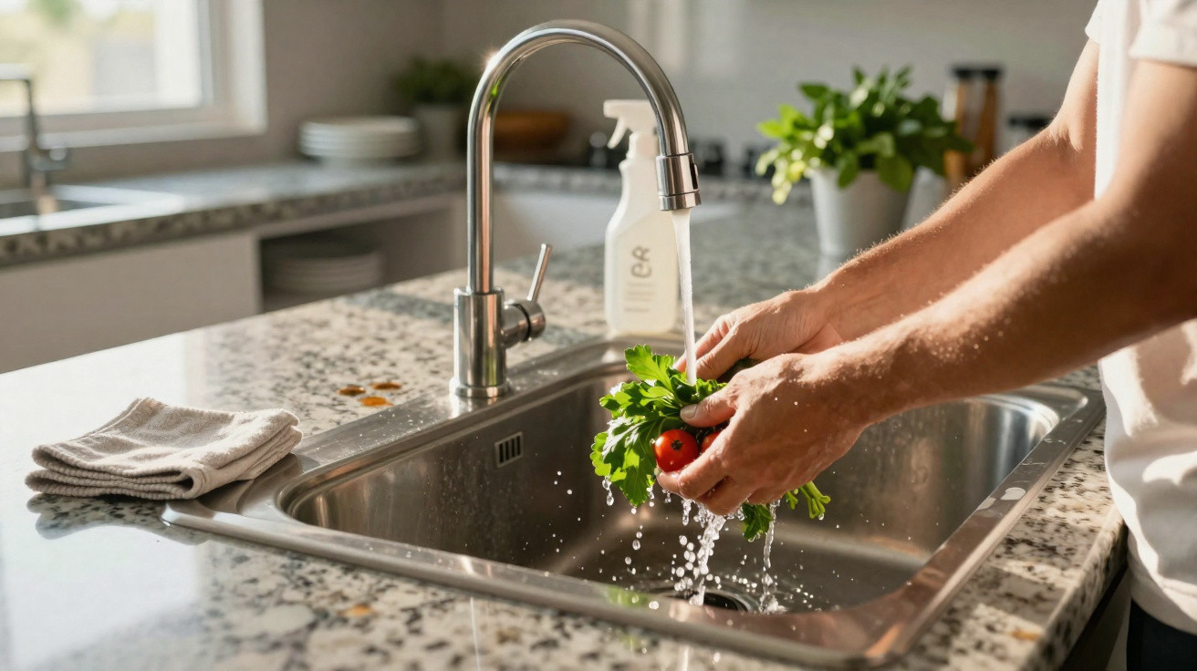 Pessoa lavando tomate e folhas verdes em pia de cozinha com bancada de granito.