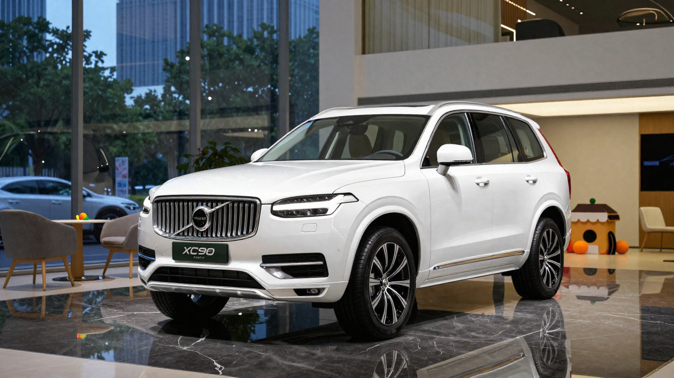 SUV branco Volvo XC90 estacionado em loja com grandes janelas e piso de mármore preto.