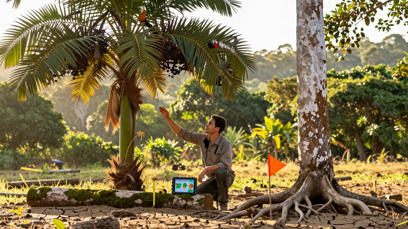 Pesquisador analisa palmeira ao ar livre em solo seco com notebook ao lado em área verde rural.