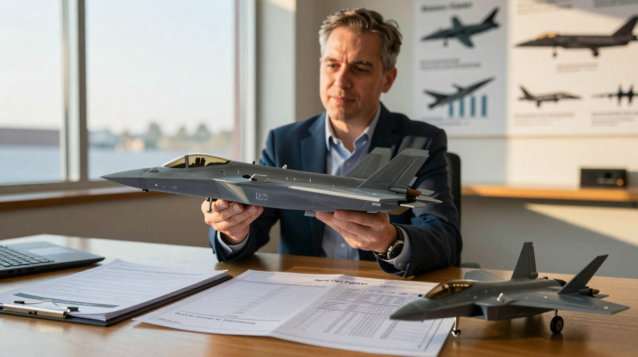 Homem segurando maquete de avião militar em mesa com documentos e outro modelo de avião na sala de escritório.
