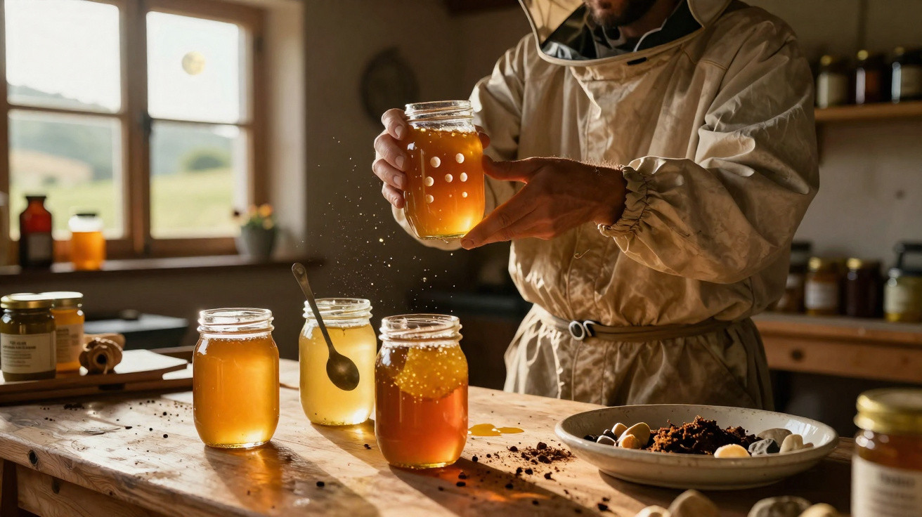 Apicultor segurando pote de mel com jarros de mel sobre mesa de madeira em ambiente rústico.