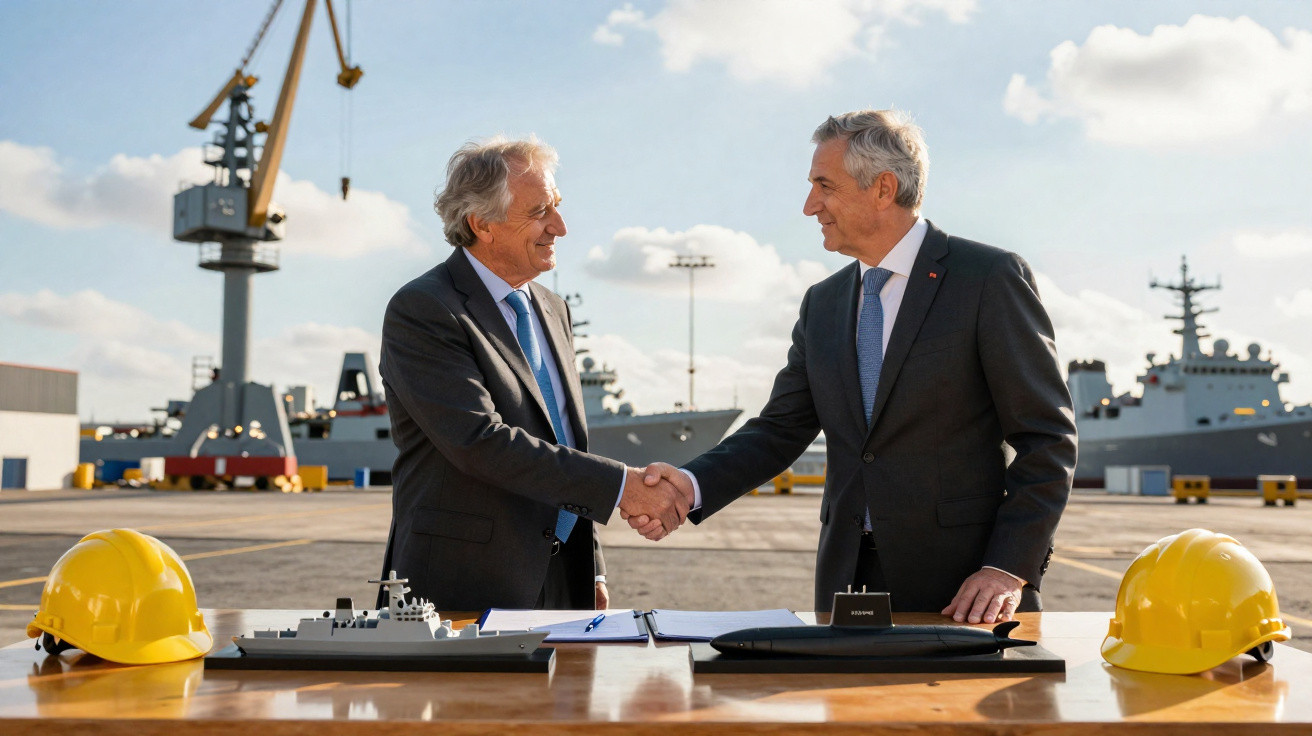 Dois homens de terno apertam as mãos em um porto naval com modelos de navios e capacetes amarelos sobre a mesa.