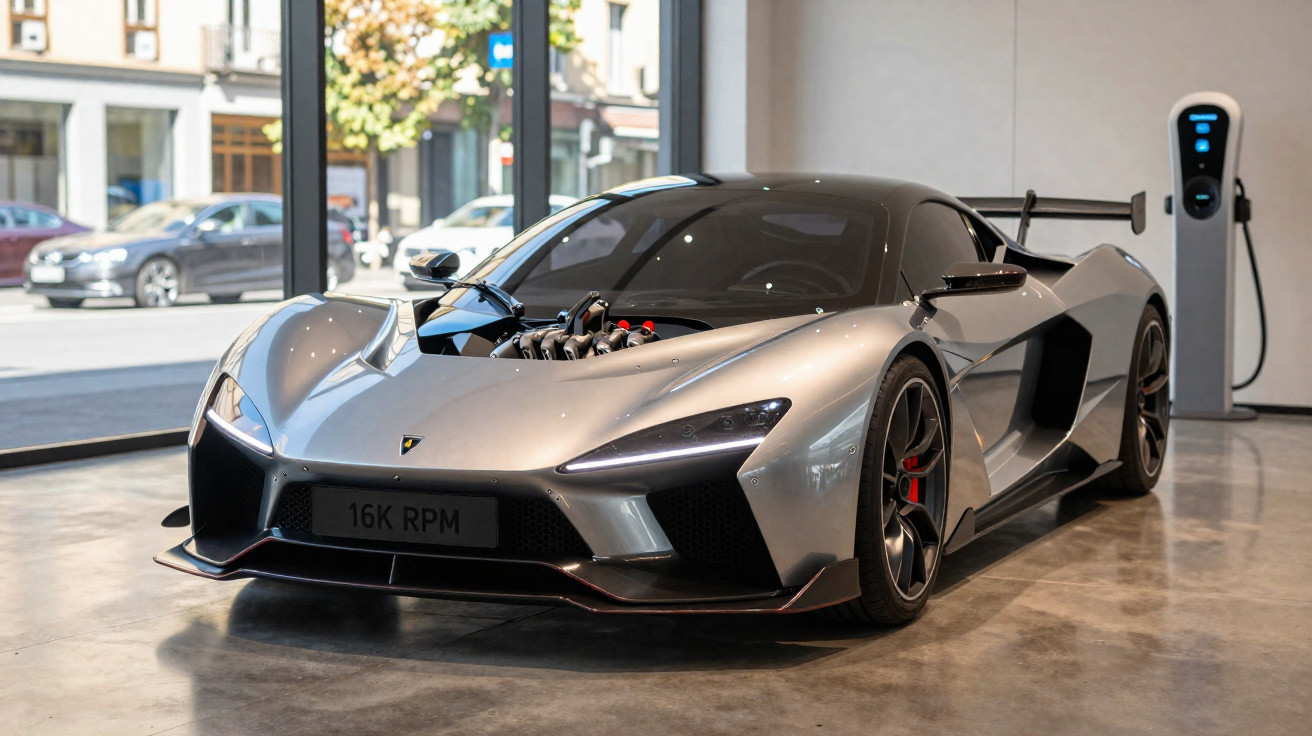 Carro esportivo prata estacionado em ambiente interno com motor exposto e carregador elétrico ao fundo.