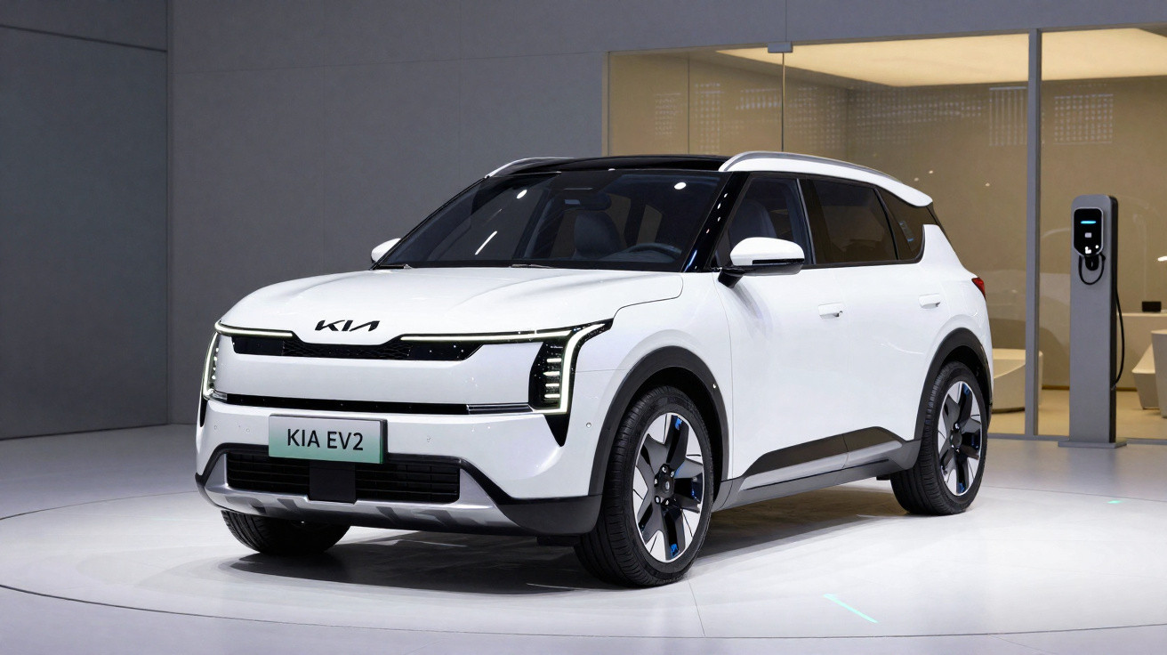 Carro elétrico branco Kia EV2 exposto em ambiente interno com estação de recarga ao fundo.