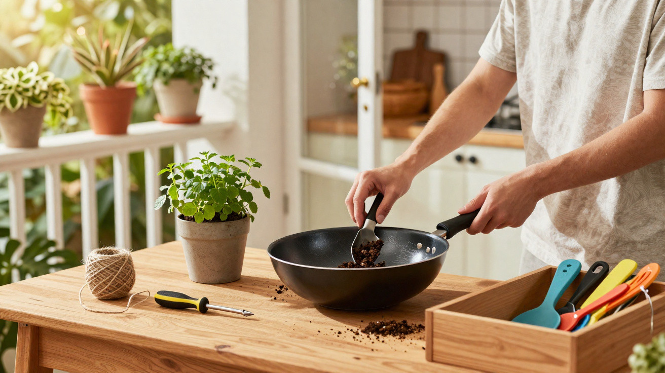 Pessoa colocando terra em vaso preto sobre mesa de madeira em ambiente com plantas e utensílios coloridos.