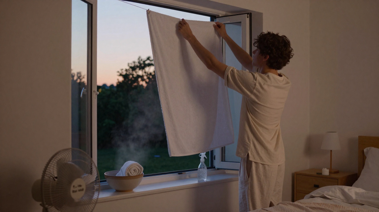 Pessoa pendurando pano branco na janela aberta durante o entardecer em um quarto.