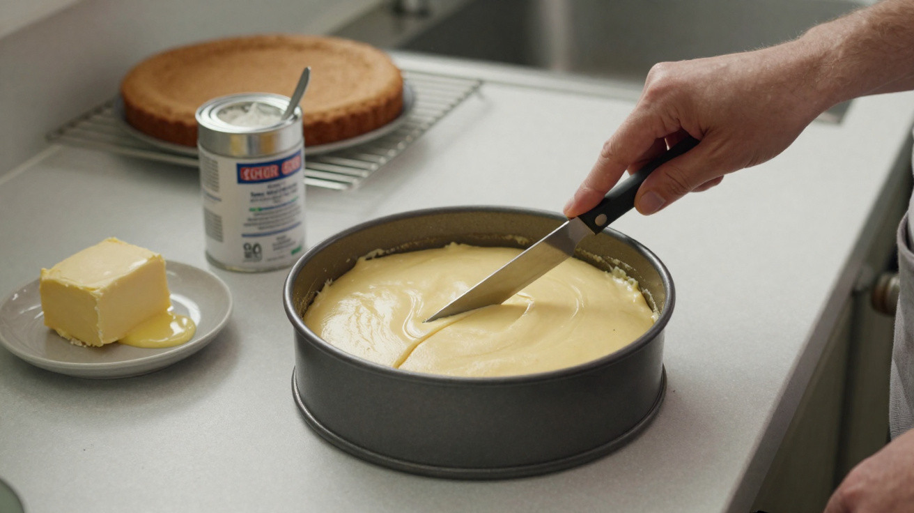 Pessoa cortando massa de bolo em forma na bancada da cozinha com manteiga, leite condensado e bolo assado ao fundo.