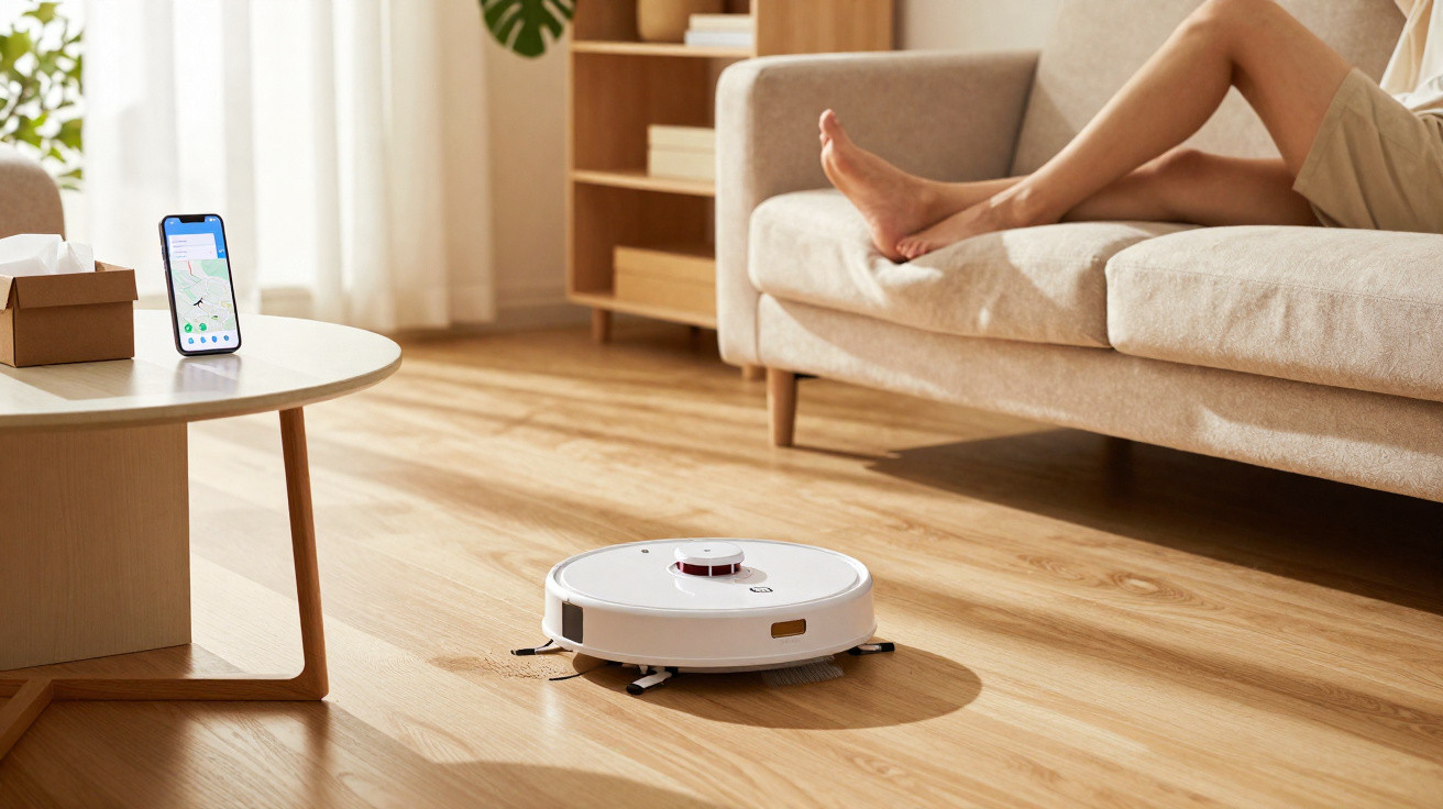 Robô aspirador limpando chão de madeira em sala com sofá e celular em mesa mostrando mapa.