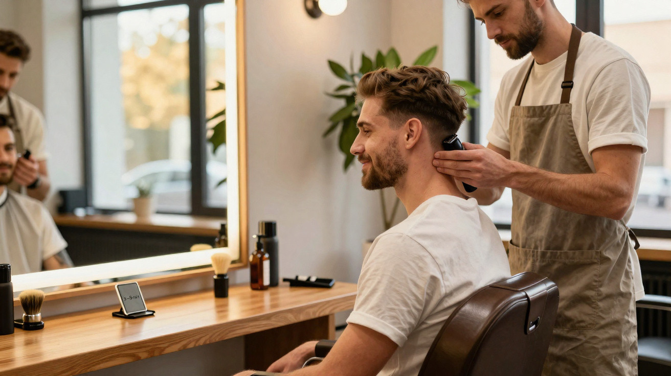 Homem sorrindo sentado em cadeira de barbearia enquanto recebe corte de cabelo de barbeiro.
