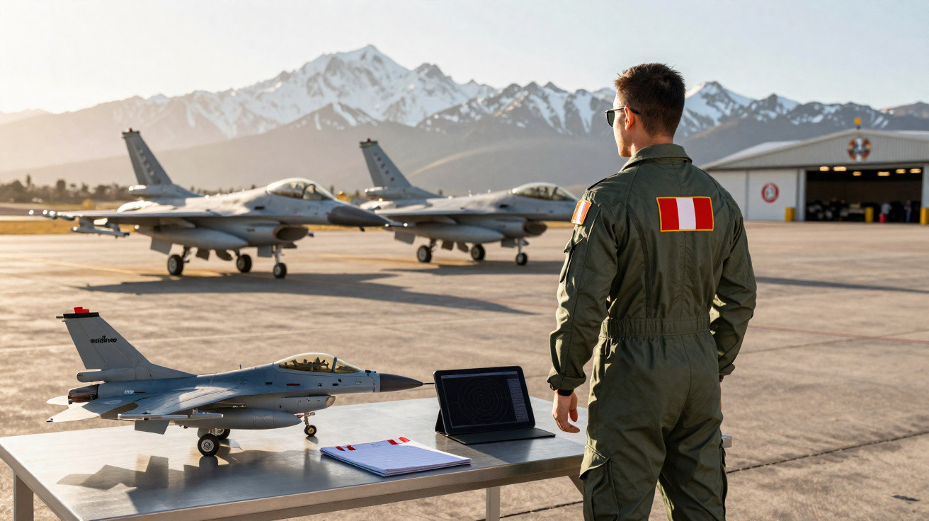 Militar peruano observa jatos militares em base aérea com montanhas ao fundo.