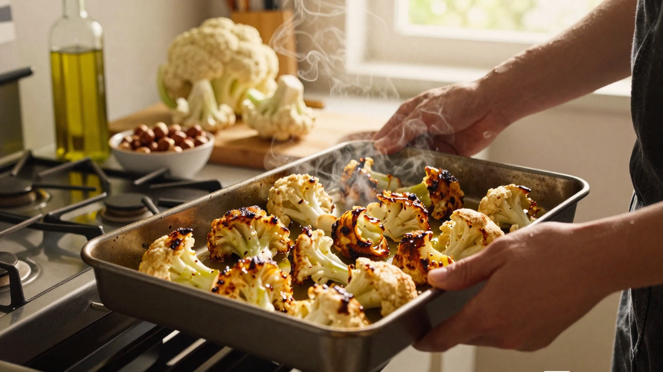 Mãos seguram forma com couve-flor assada fumegante na cozinha, com ingredientes ao fundo.