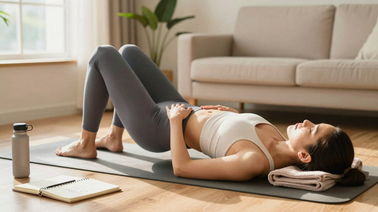 Mulher deitada em tapete de yoga fazendo exercício em sala com sofá e garrafa de água.