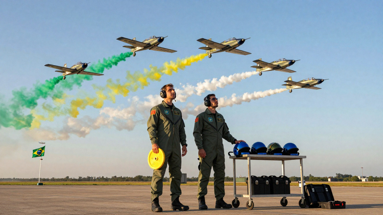 Cinco aviões lançam fumaça verde, amarela e branca sobre dois pilotos com roupas de voo em pista de decolagem.