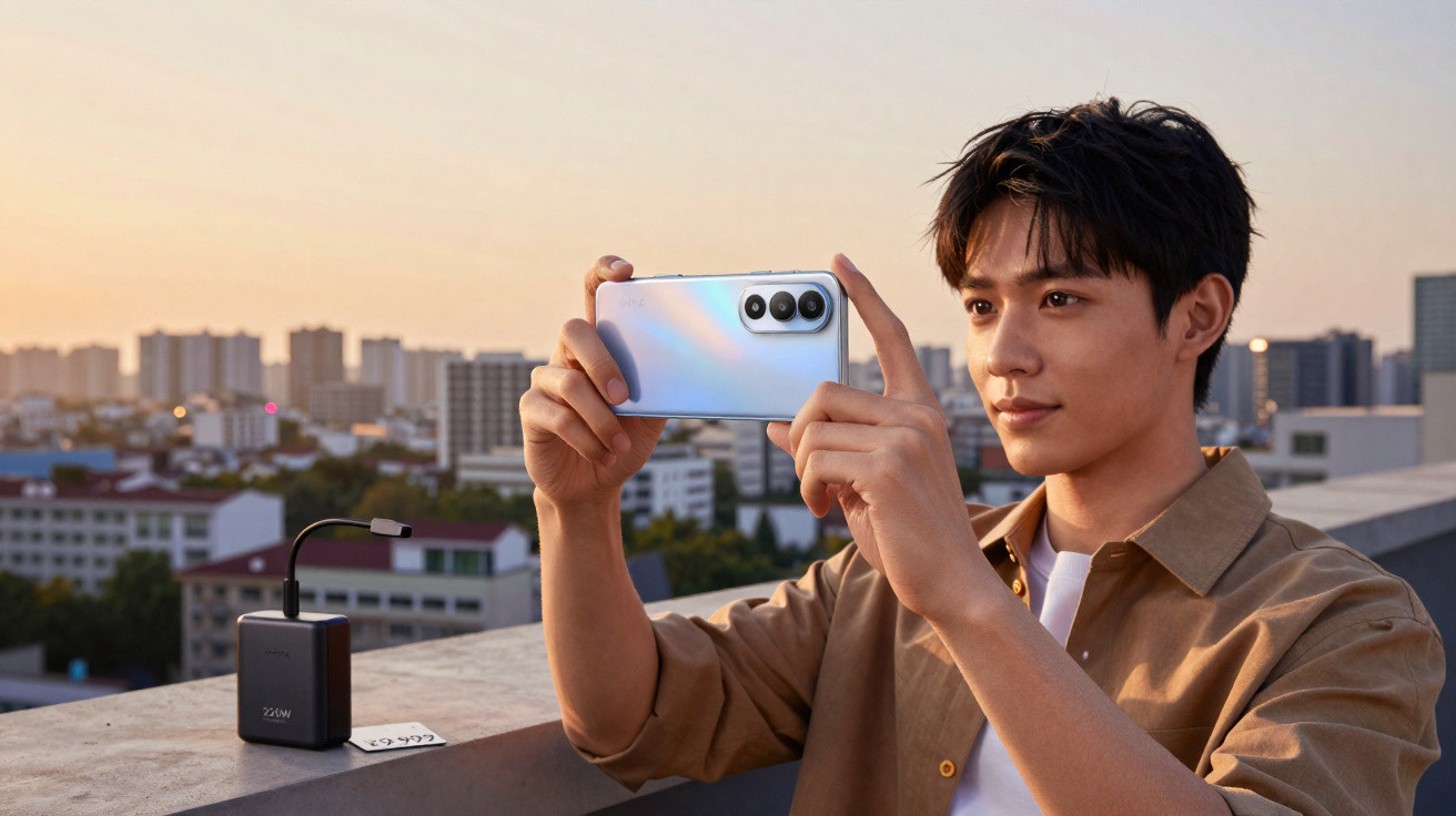 Jovem tirando foto com smartphone em ambiente urbano ao pôr do sol, ao lado de carregador portátil.
