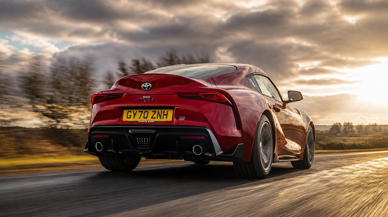 Carro esportivo vermelho Toyota Supra GT em movimento em estrada ao pôr do sol com céu nublado.