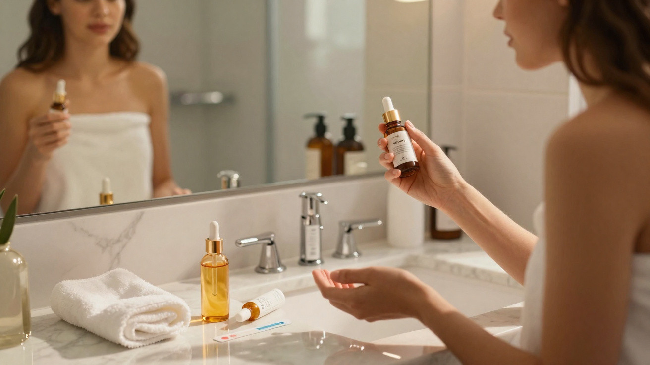 Mulher em toalha segurando frasco de sérum facial no banheiro com espelho e itens de skincare no balcão.