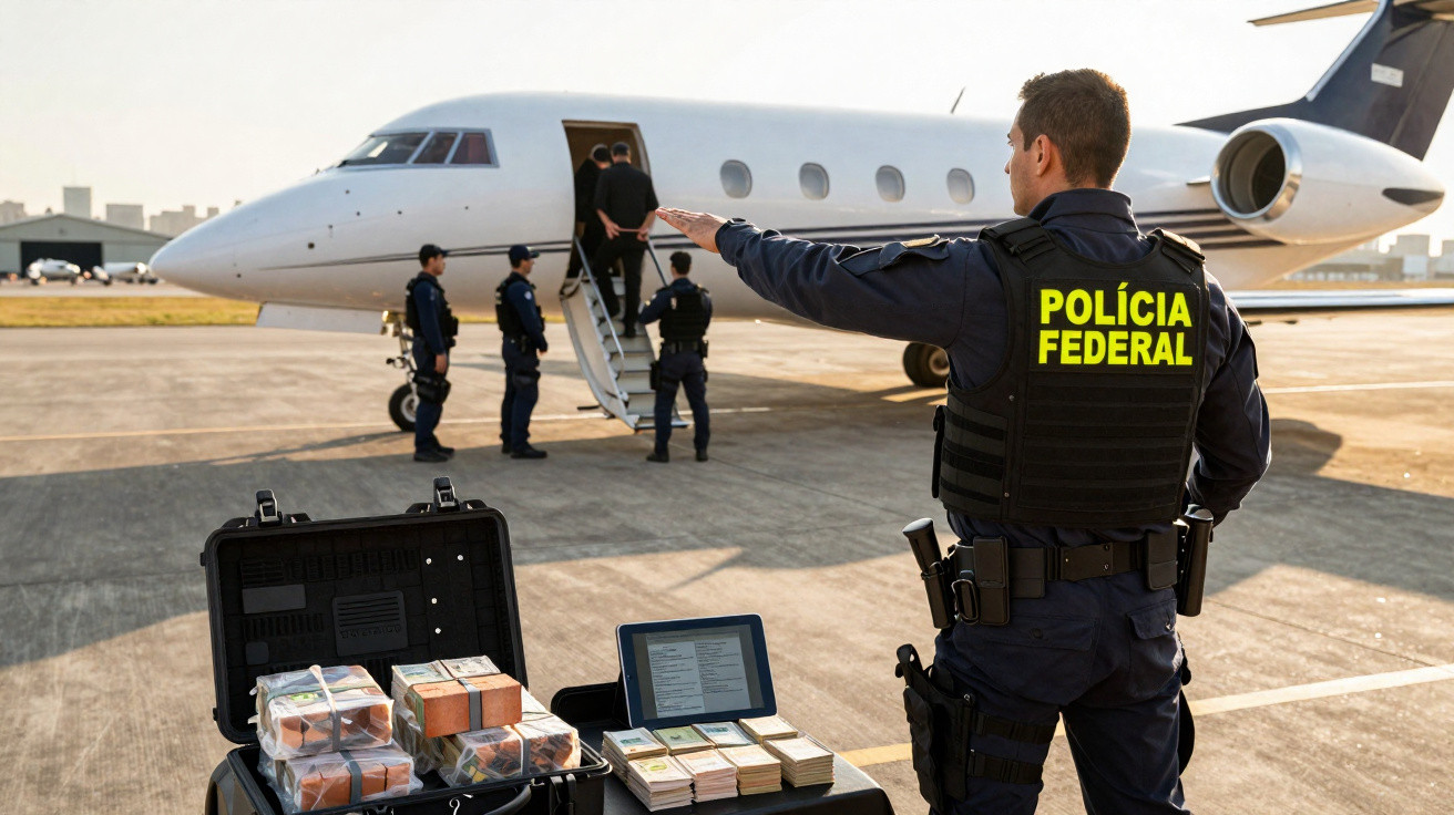 Agentes da Polícia Federal apreendem maletas com dinheiro na frente de jato particular em aeroporto.