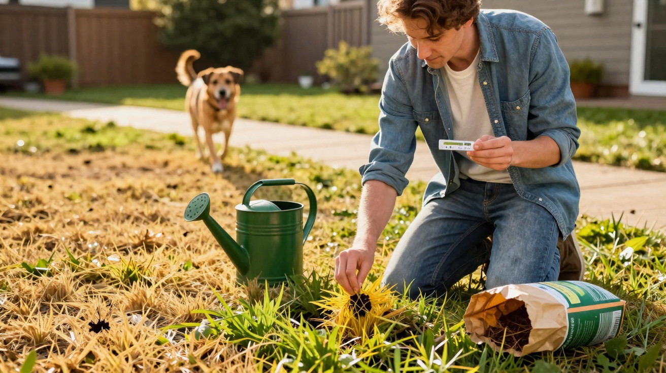 Homem com regador cuida de plantas com cão correndo ao fundo em jardim ensolarado.