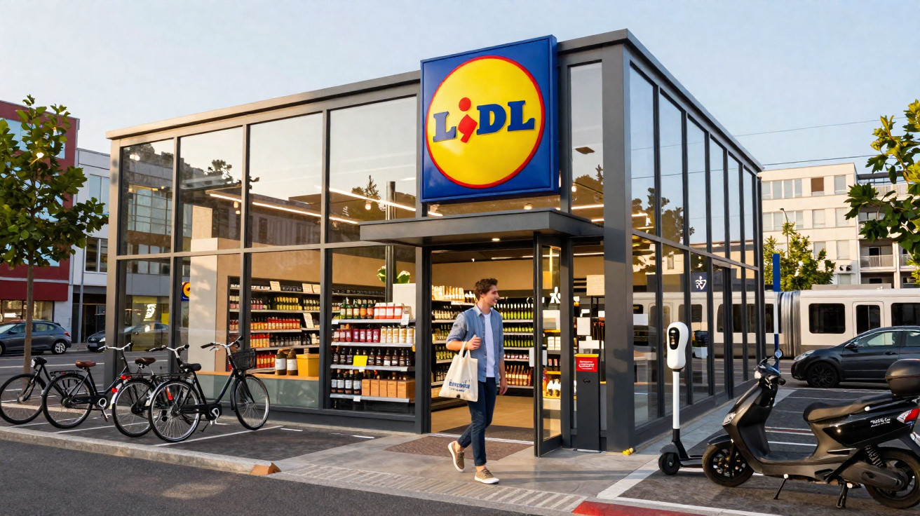 Fachada de supermercado Lidl moderno de vidro com homem saindo carregando sacola de compras.