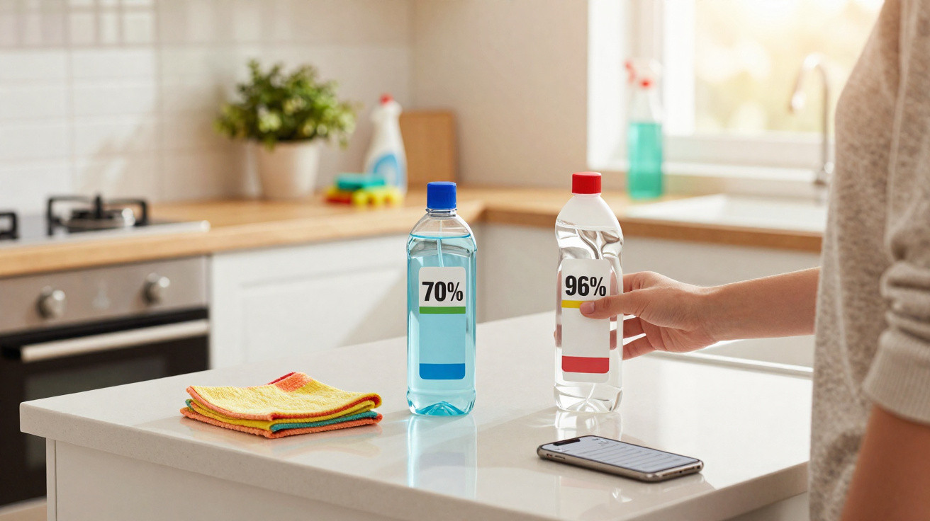 Mãos segurando garrafa de álcool 96% em balcão de cozinha, ao lado de álcool 70%, panos coloridos e celular.