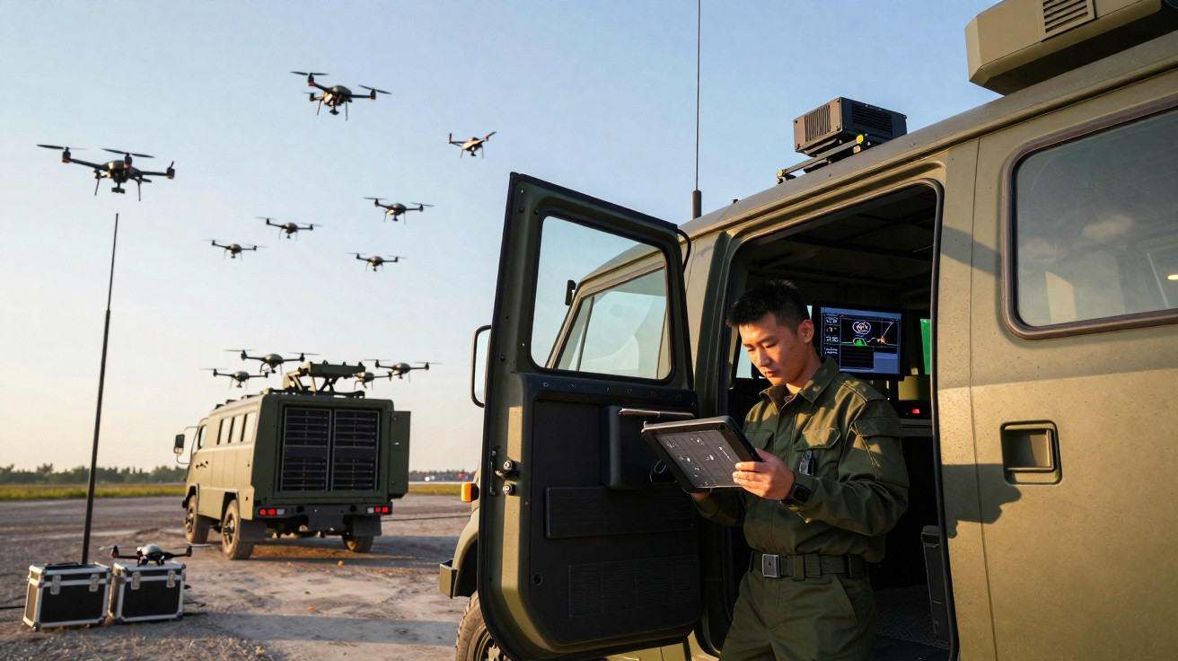 Militar operando tablet ao lado de veículo tático com drones voando ao fundo em ambiente aberto.