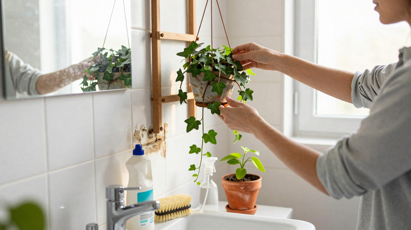 Pessoa ajustando planta pendurada em vaso no banheiro ao lado de pia com produtos de limpeza.