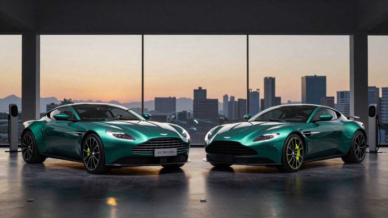 Dois carros esportivos verdes estacionados em garagem com vista para prédios ao pôr do sol.