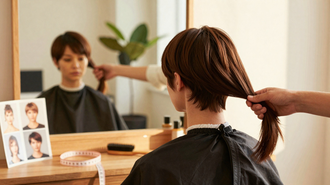 Mulher de cabelo curto sentada em salão de beleza, com mecha de cabelo sendo cortada por cabeleireiro.