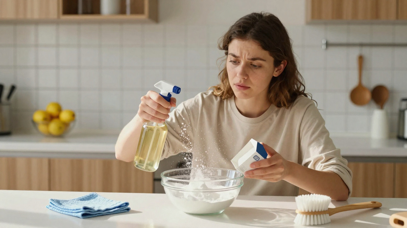 Mulher na cozinha misturando ingredientes em uma tigela com spray e pó branco.