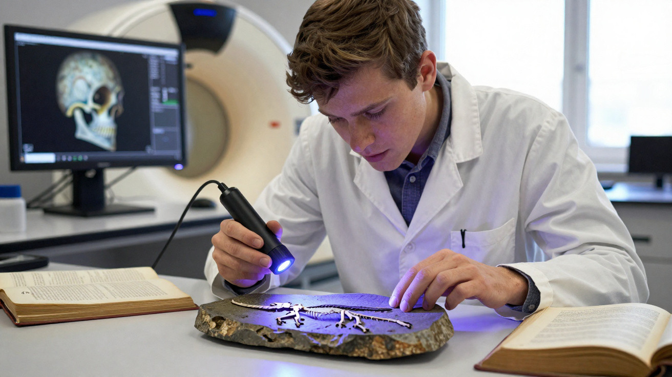 Pesquisador em laboratório analisando fóssil com lanterna UV e imagem de crânio na tela do computador.
