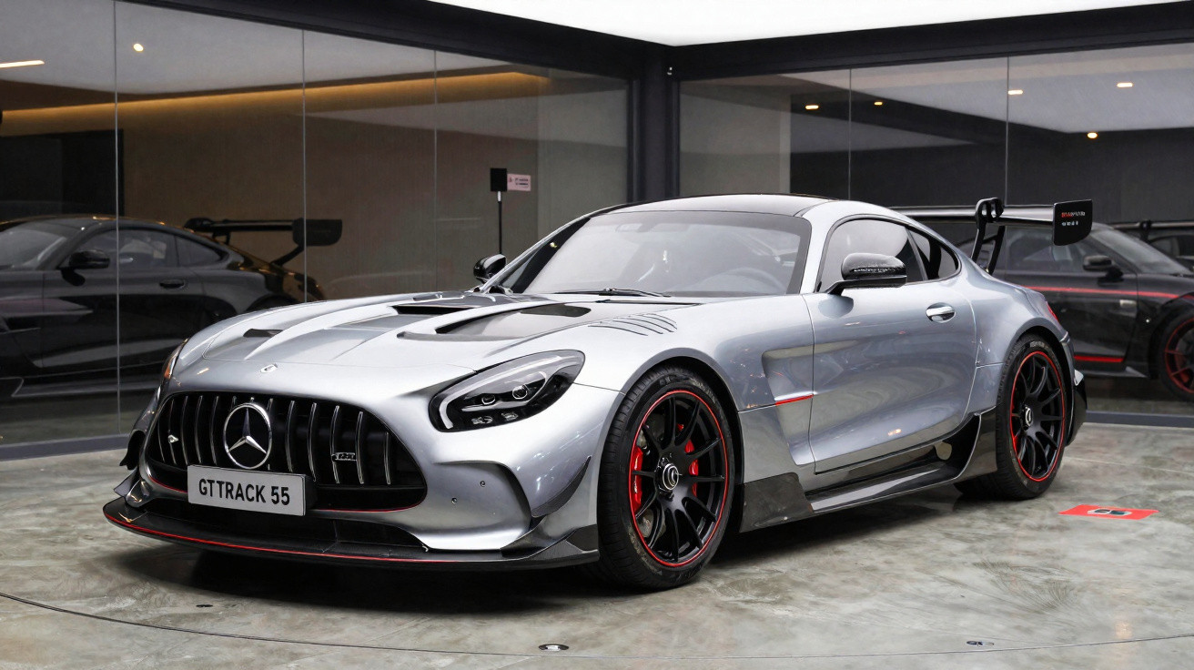 Carro esportivo prata modelo Mercedes-Benz GT Track 55 estacionado em piso de concreto dentro de showroom moderno.