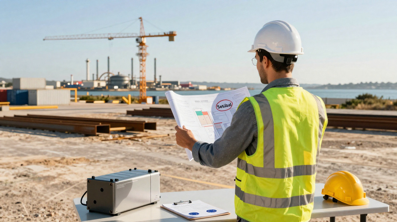 Homem com capacete e colete refletivo analisa planta em construção próxima ao mar com guindaste ao fundo.