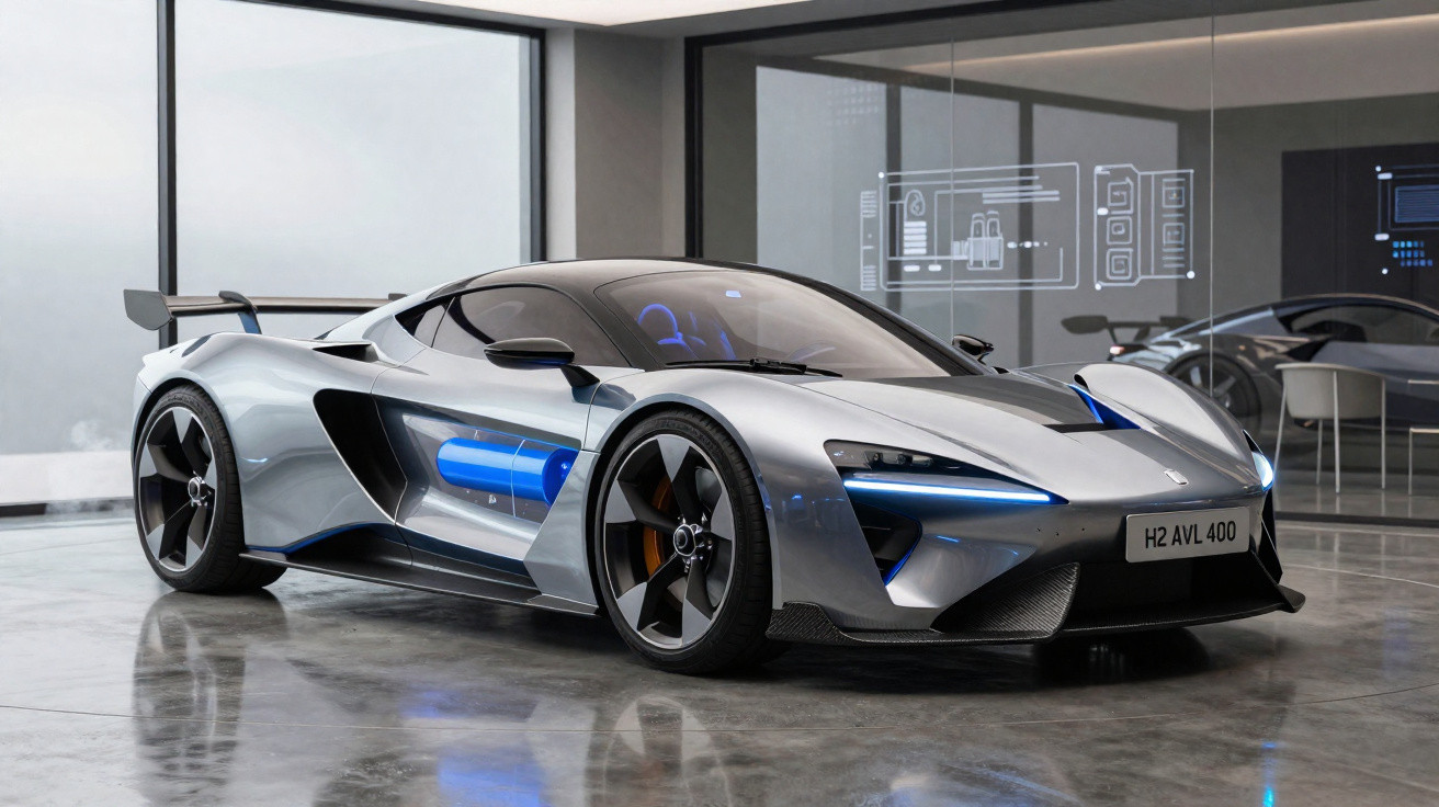 Carro esportivo elétrico prateado com detalhes azuis em showroom moderno com piso brilhante.