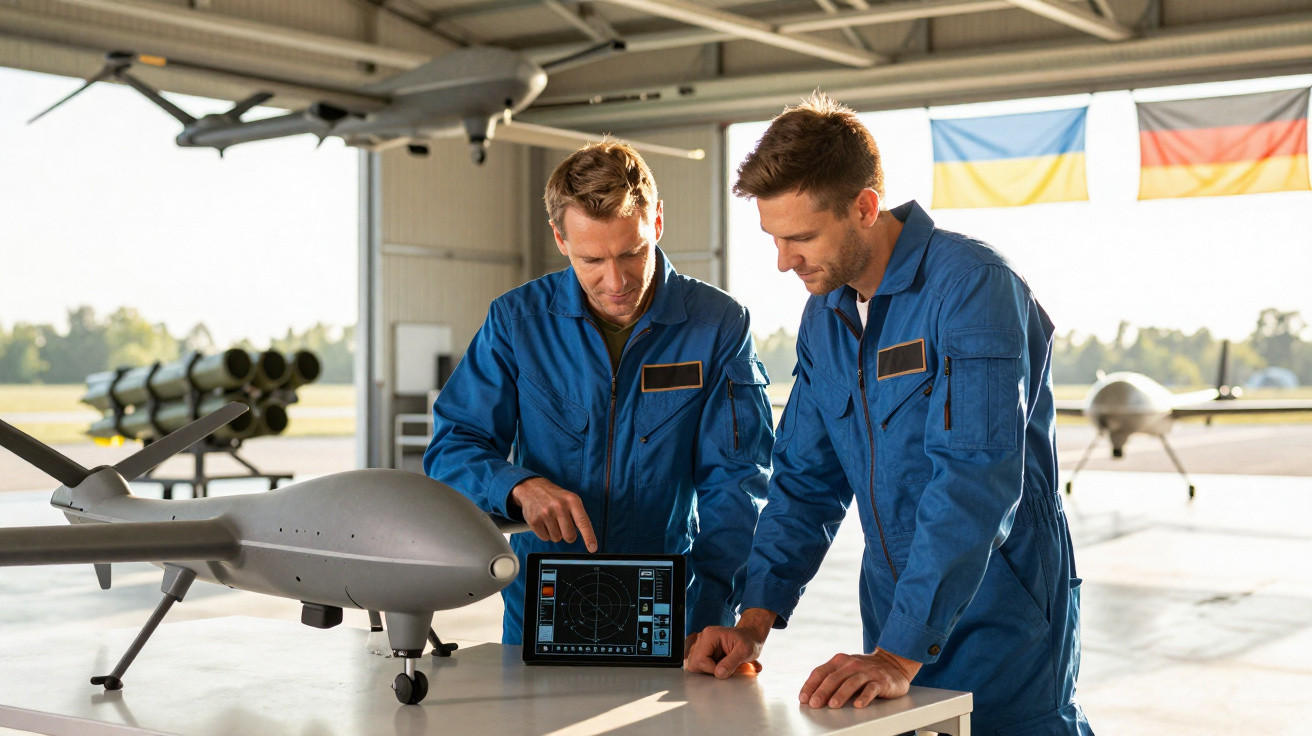 Dois técnicos em macacão azul analisam dados em tablet ao lado de drone cinza em hangar com bandeiras ao fundo.