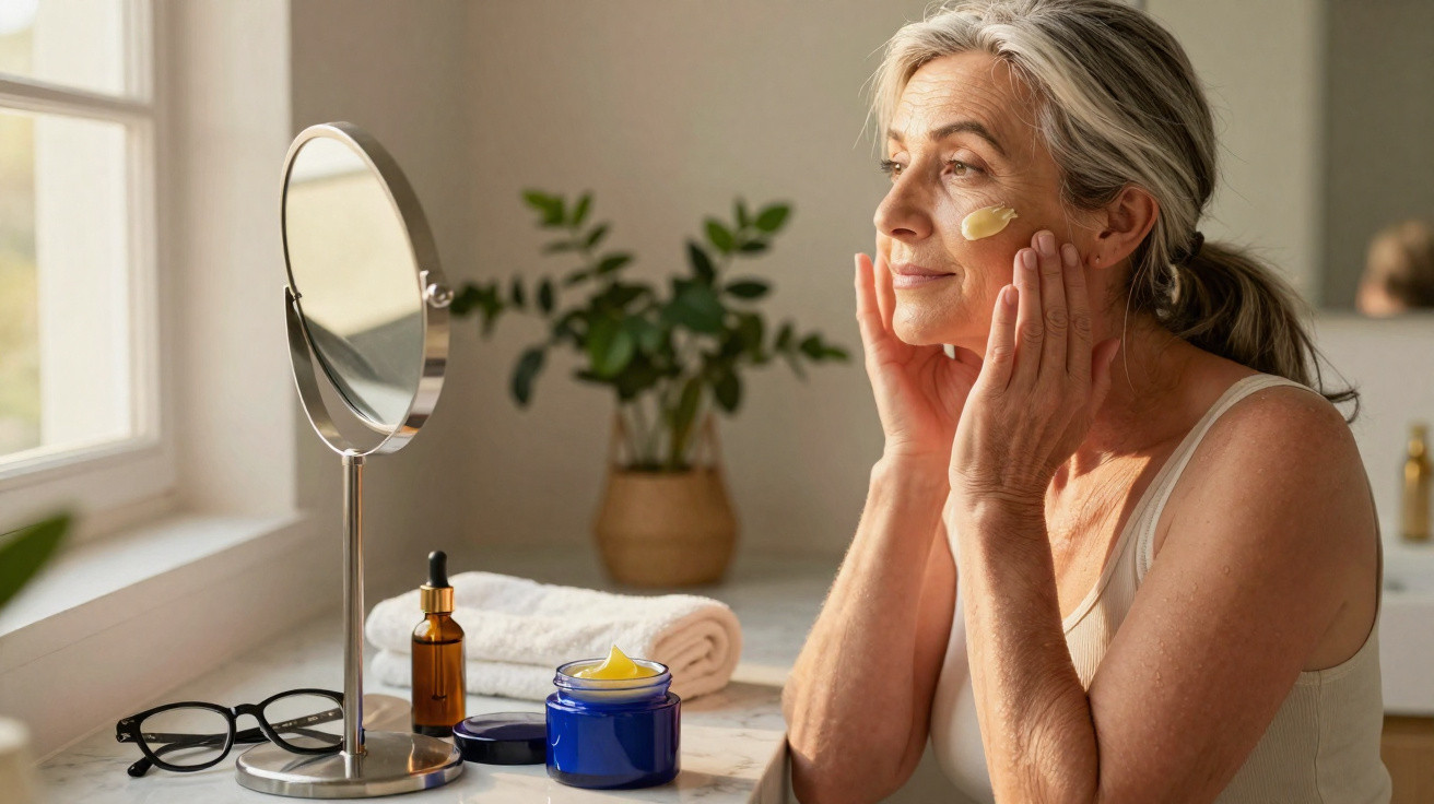 Mulher madura aplicando creme facial, sentada perto de um espelho com produtos de skincare na mesa.