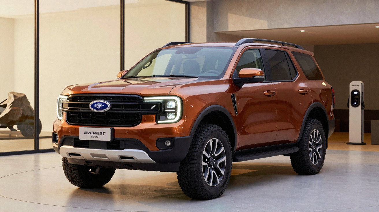 SUV Ford Everest 2023 na cor laranja metálico em ambiente interno moderno com carregador elétrico ao fundo.
