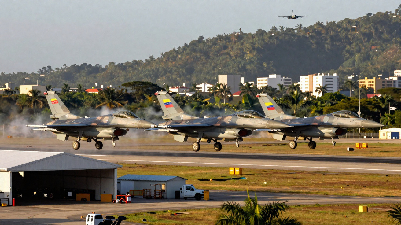 Três caças militares com bandeiras da Venezuela decolando simultaneamente em pista de aeroporto.