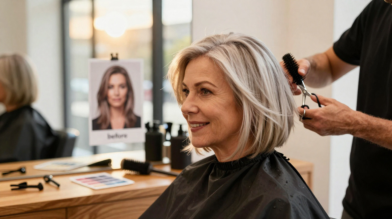 Mulher madura com cabelo loiro curto sorrindo durante corte de cabelo em salão de beleza.