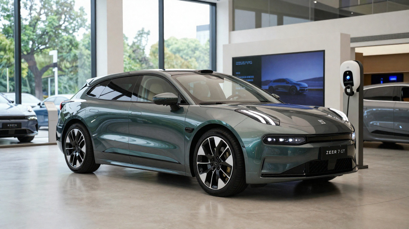Carro elétrico moderno verde escuro estacionado em showroom com estação de recarga ao lado.