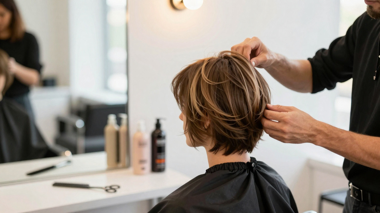 Cabeleireiro estilizando cabelo curto e loiro de cliente em salão de beleza moderno.